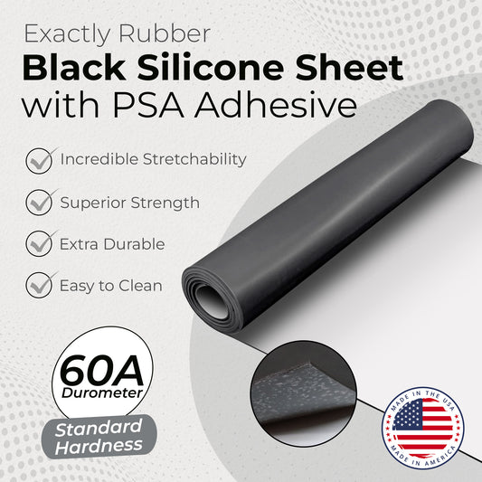 1/16" Black Silicone Sheet with PSA Adhesive, 60A Durometer Rubber Mat, Gasket Material with -80 to 450°F Temperature Resistance, Rubber Sheet 350% Elongation, Made in the USA